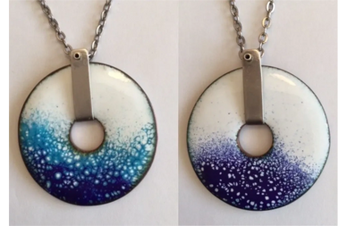 Cool enamel colours white and blues on copper donut with silver bail