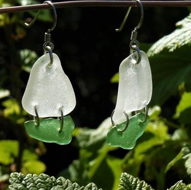 simple white and greeen sea glass earrings in form of sailboats