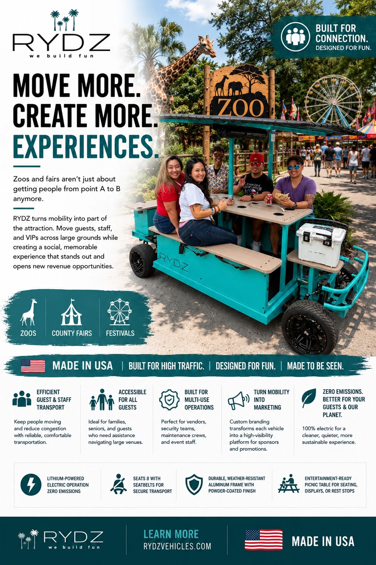 RYDZ offers electric vehicles for zoos, fairs, and festivals, enhancing mobility and social experiences.