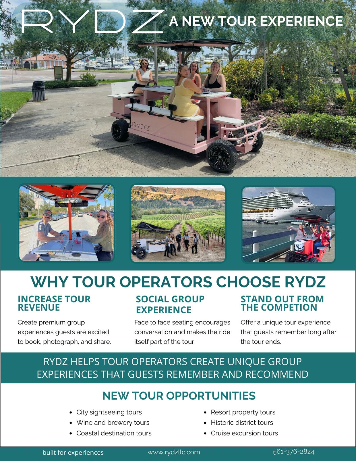 Guests exploring a destination together in a RYDZ 8 passenger electric low speed vehicle designed fo
