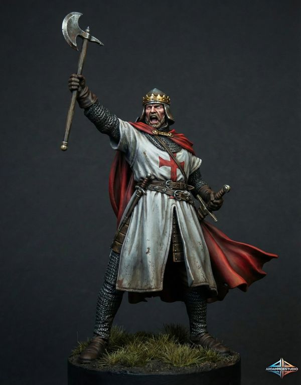 Medieval knight with a red cross, crown, and raised axe, roaring fiercely.