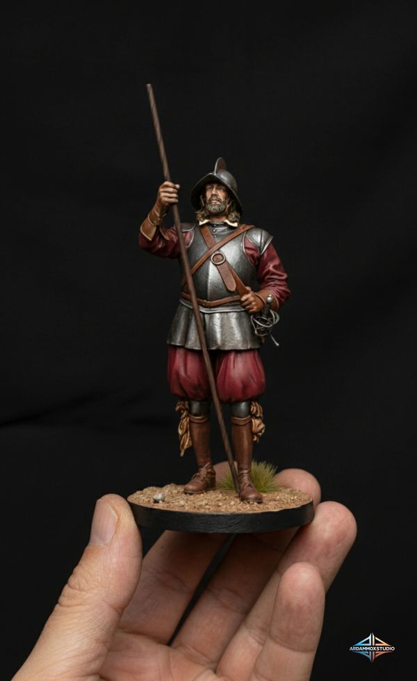 Hand-painted miniature figure of a medieval soldier with spear and armor.