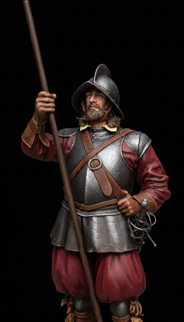 Medieval soldier figurine in armor holding a spear against black background.