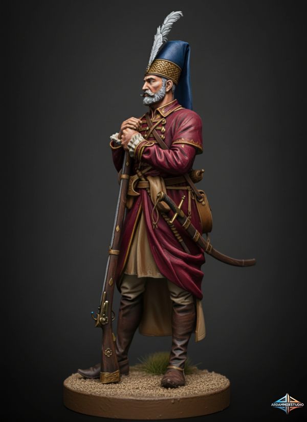 Detailed miniature of a historical soldier with a musket and feathered hat.