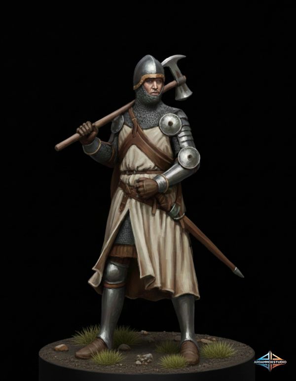 Medieval knight in armor holding a battle axe, standing on grassy terrain.