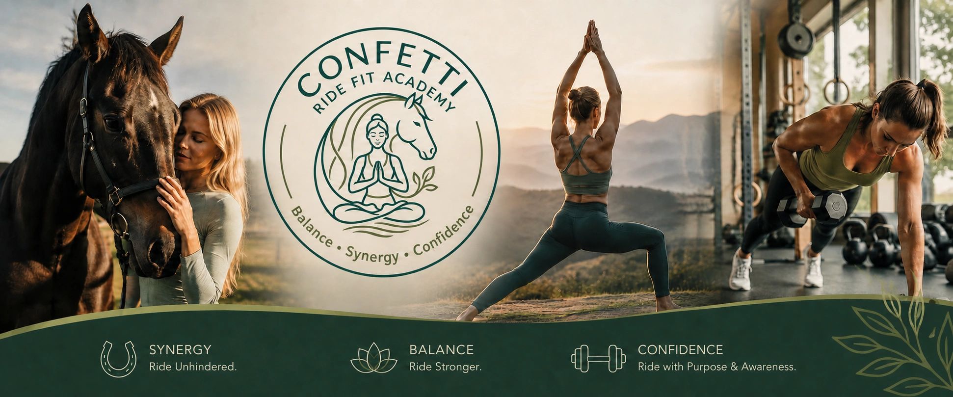 Women engaging in horse riding fitness activities with Confetti Ride Fit Academy logo.