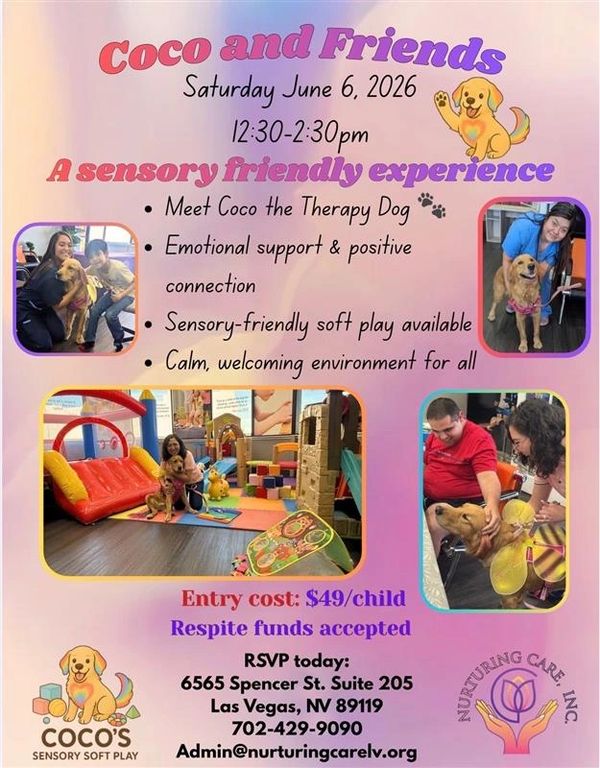 Flyer for Coco and Friends sensory-friendly event with therapy dog and play activities.