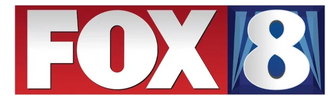 Logo of FOX 8 news channel with bold white text on red and blue background.