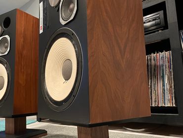 JBL L88 Plus Conversion to L100 Side view. On Custom made stands to match vintage look.