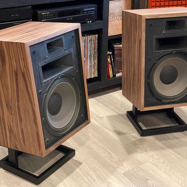 Klipsch Heresy's Restored with new Walnut Veneer. On JBL Style Custom Stands