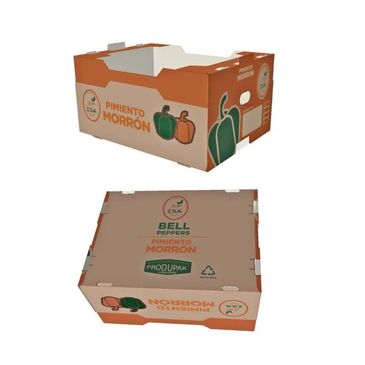 Cardboard box for bell peppers with colorful illustrations and branding.