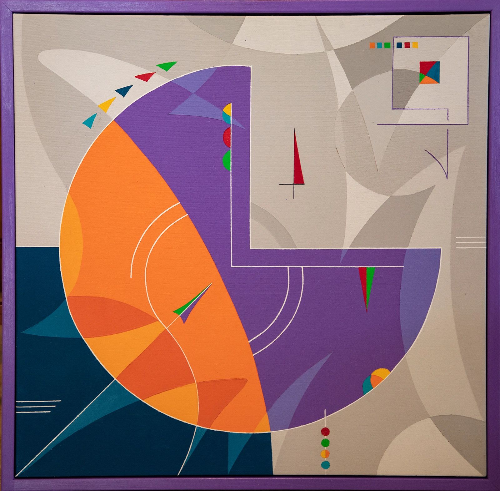 Abstract painting with geometric shapes in purple, orange, and teal, framed in purple.