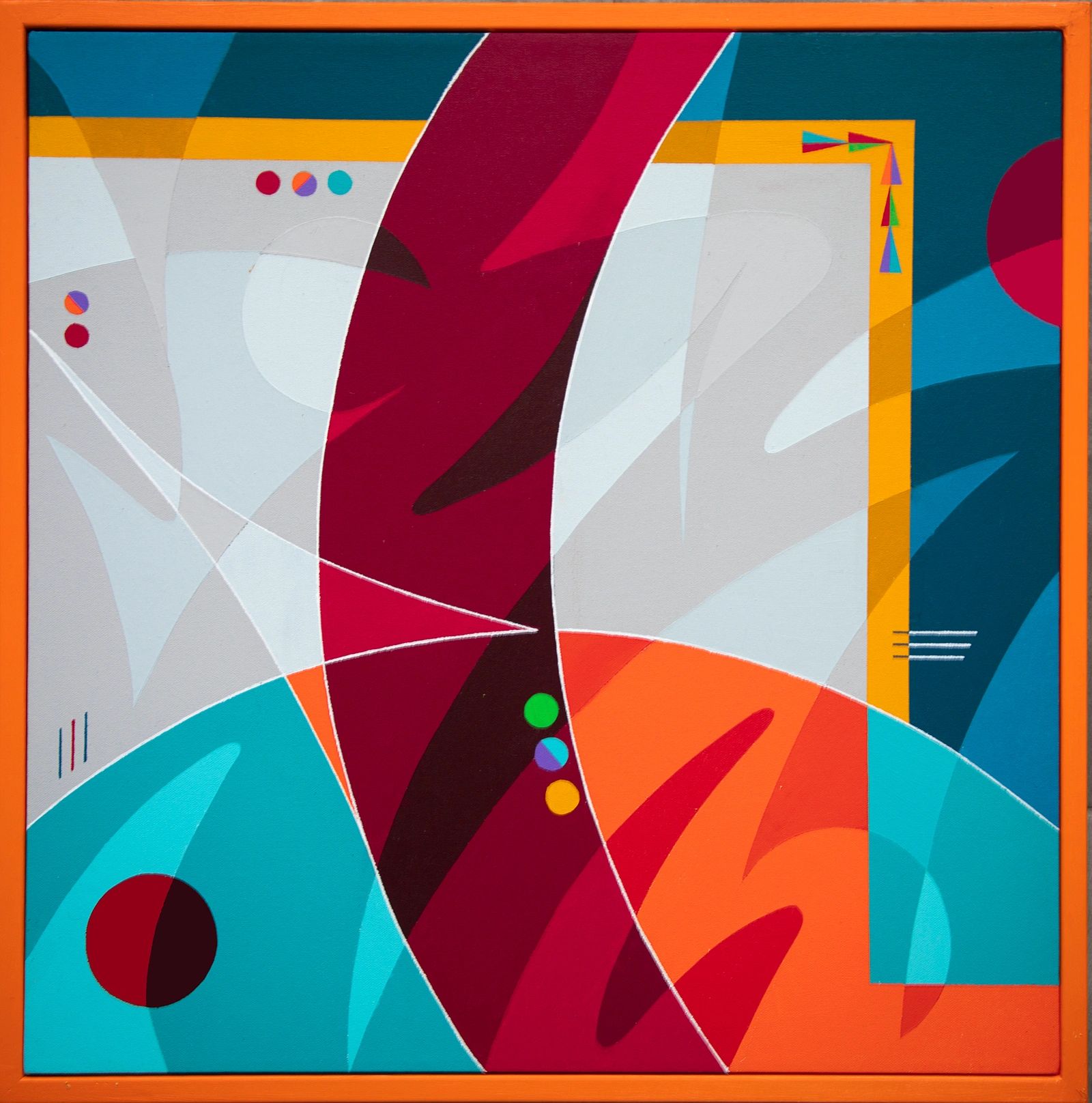 Abstract geometric painting with vibrant colors and bold shapes.