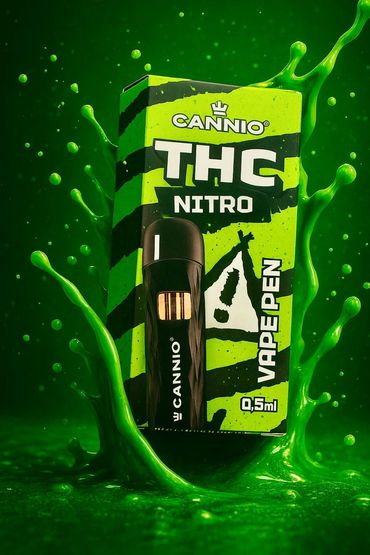 Nitro vape pen with vibrant green splash background.