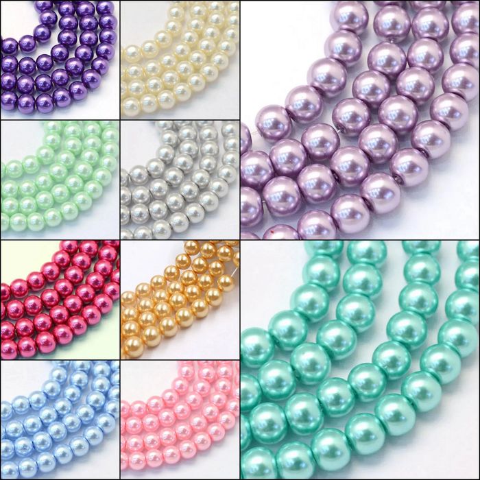 Colorful strands of shiny pearl beads in various pastel and metallic shades.