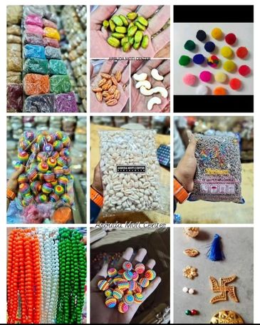 Various colorful beads, seeds, and decorative items displayed and held in hands.