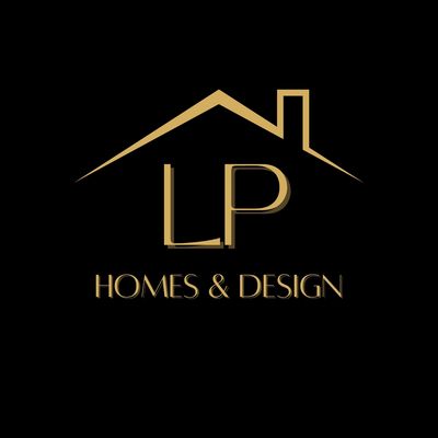 Elegant gold logo of LP Homes & Design shaped like a house on black.
