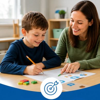 A woman helps a young boy with his homework.