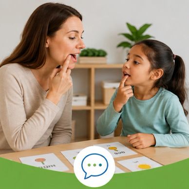 A woman teaching a girl to pronounce words.