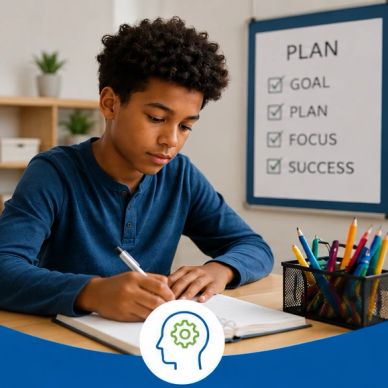 Teen boy studying at a desk with a motivational plan poster.
