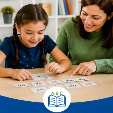 Woman teaching young girl with letter cards.