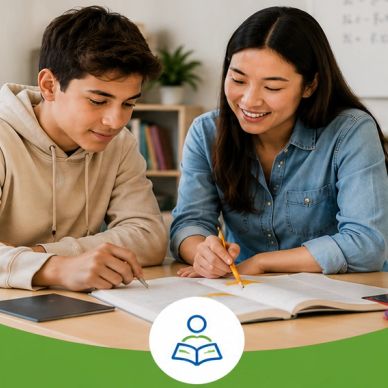 Two students studying together and smiling.