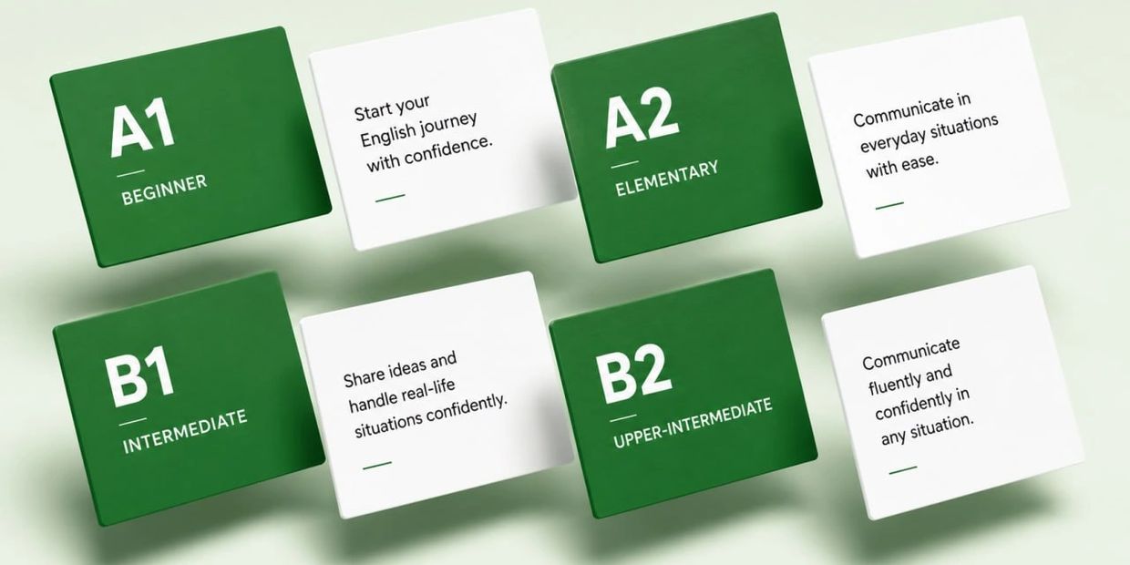 Cubes showing English proficiency levels from A1 to B2 with motivational phrases.