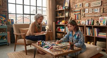A child and an adult painting together in a cozy room.