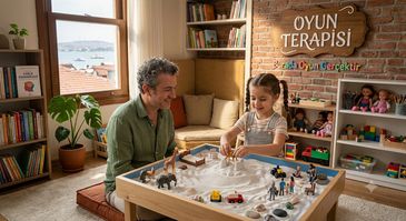 A man and a girl playing therapy sand table.