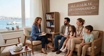 A family consulting with a marriage counselor in a cozy office.