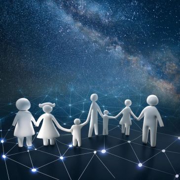 Paper doll family holding hands under a starry sky.