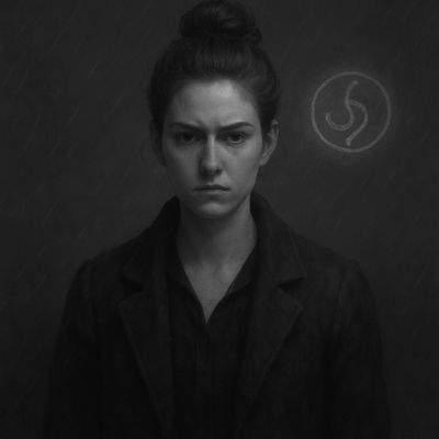 Serious woman with a bun wearing dark clothing against a dark background.