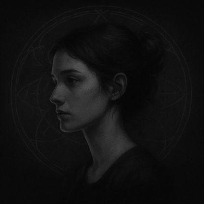 Portrait of Lena Kors with a somber expression and a symbolic background.