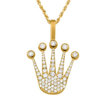 Gold crown pendant necklace adorned with sparkling diamonds.