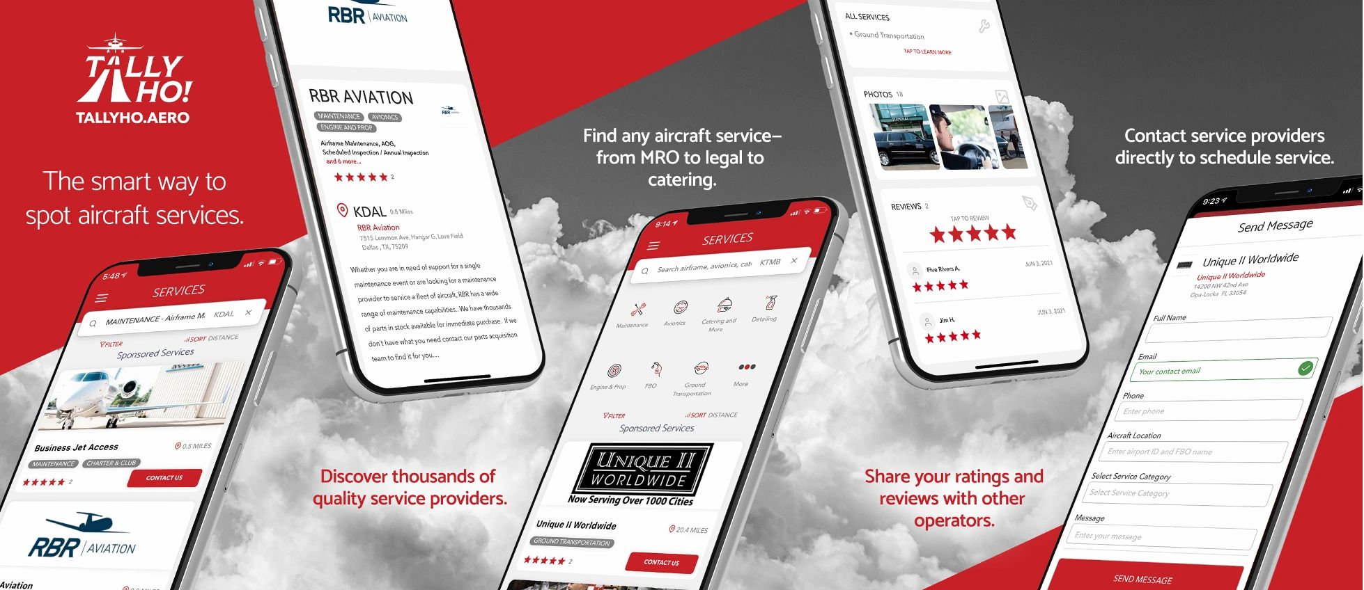 Home page welcome image. Multiple screen previews. TallyHo! The smart way to spot aircraft services.