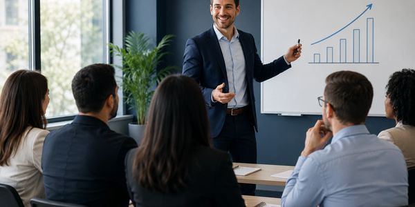 Businessman presenting growth chart to colleagues in a meeting.