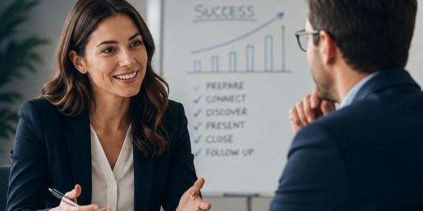 Two professionals discussing strategies in front of a success chart.