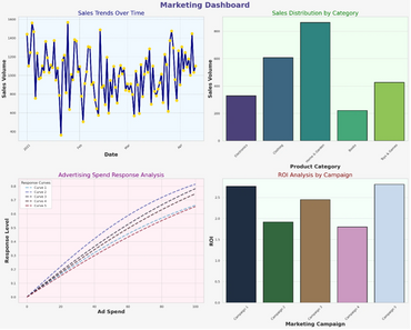 Marketing KPIs, Sales Trends Over Time, Sales Distribution by Category, Advertising Spend Response