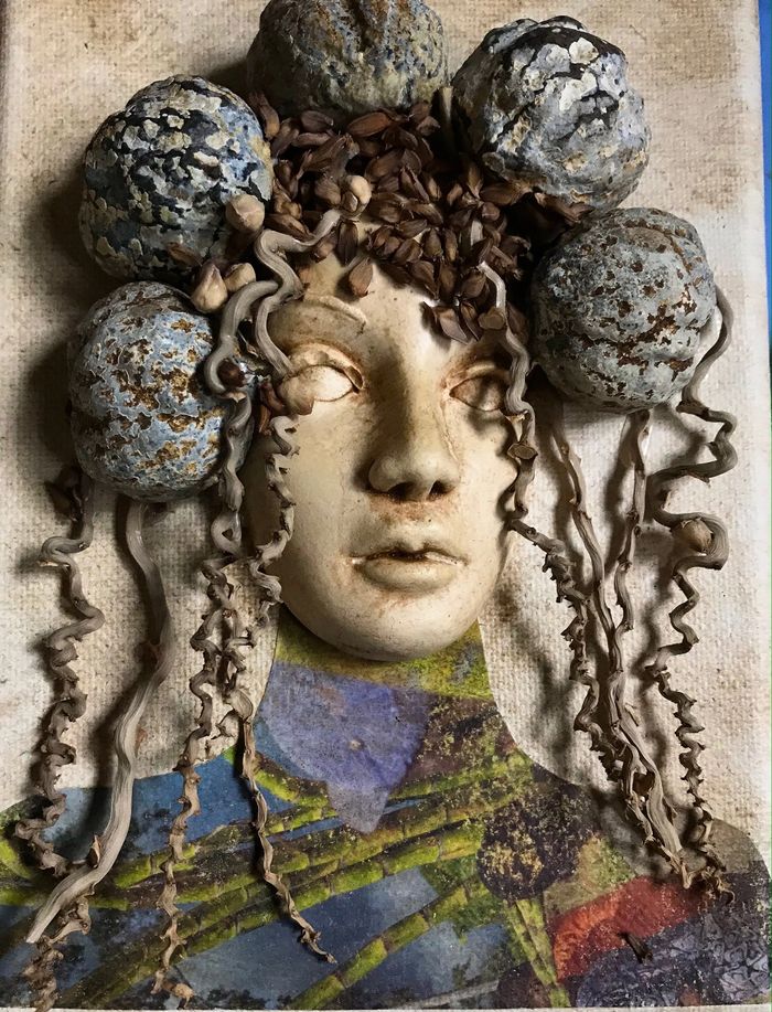 Mother Nature Series
Hand selected Kukui nuts, palm seed, glazed face, altered paper torso on 5x7 c