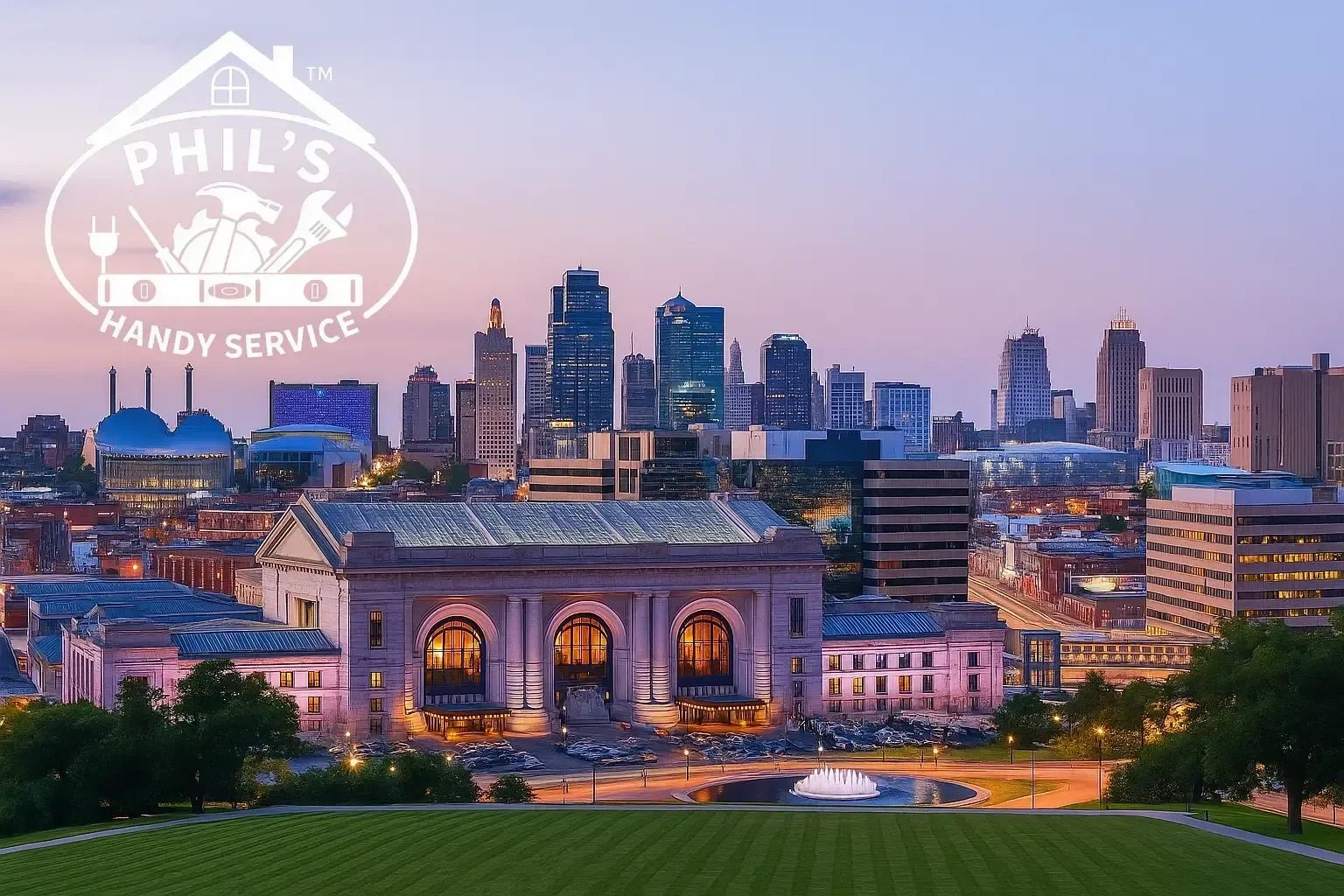 Kansas City skyline with Union Station at sunset representing Phil’s Handy Service handyman services