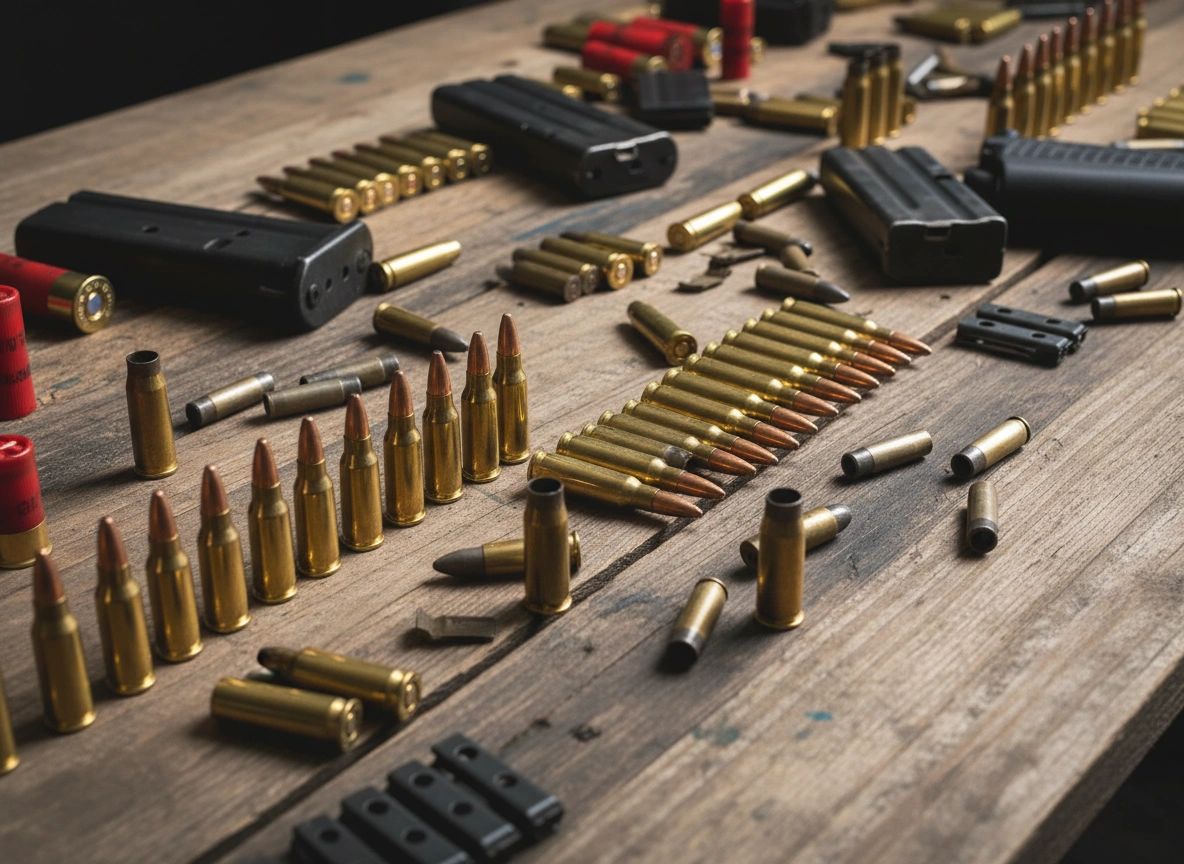 Various types of ammunition and magazines arranged on a wooden surface.