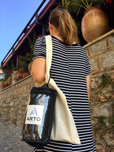 Arto Pillow - Memory Foam + in its carrying case, attached to a canvas bag.
