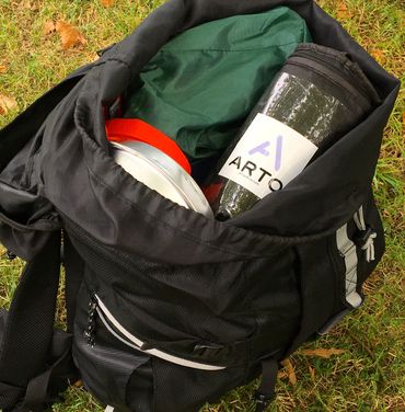 Arto Pillow - Memory Foam + in its carrying case, inside a rucksack.