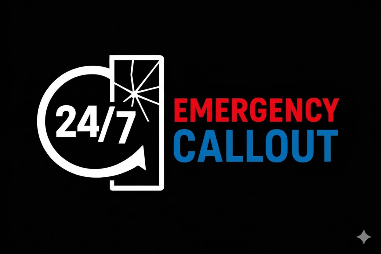 24/7 emergency callout service logo with cracked screen icon.