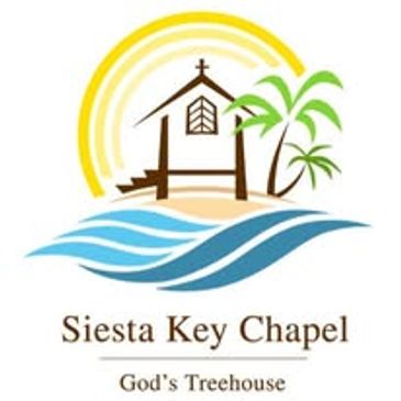 Logo of Siesta Key Chapel with a treehouse chapel and palm trees by the water.