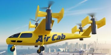 A yellow Air Cab flying above a cityscape with propellers in motion.