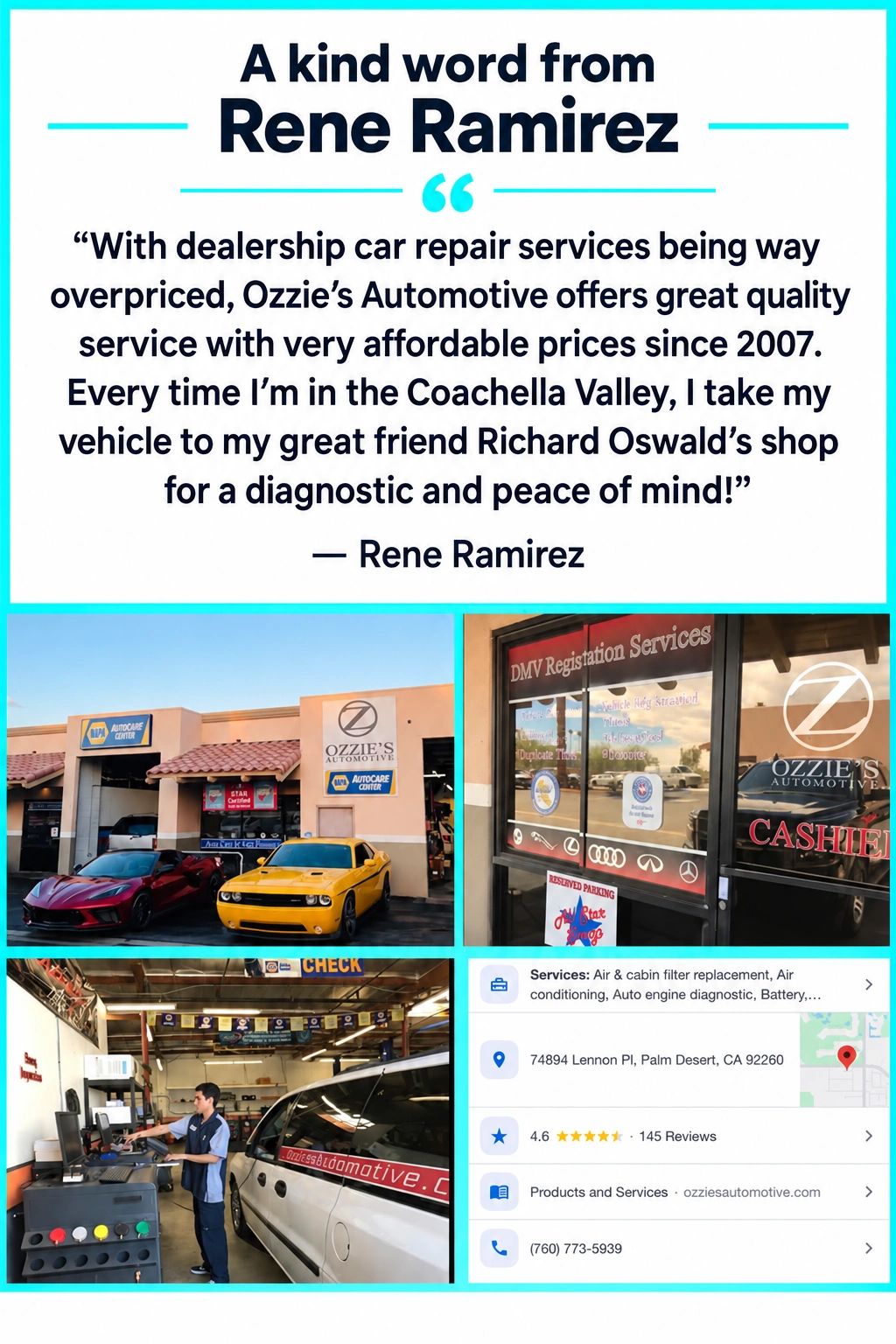 Testimonial praising Ozzie's Automotive for quality and affordable car repair services.