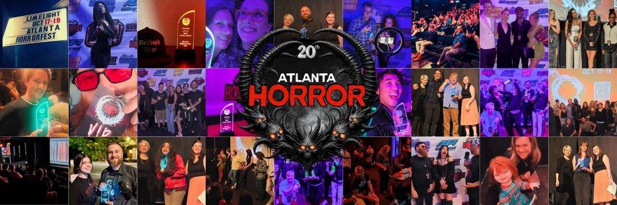 Collage of moments from the 20th Atlanta Horror Fest event with awards, attendees, and performances.