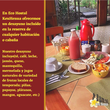 Desayuno con jugos naturales hechos con frutos de nuestro espacio, jamón, queso, salame, queque