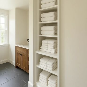 Neatly folded white towels on shelves in a bathroom.